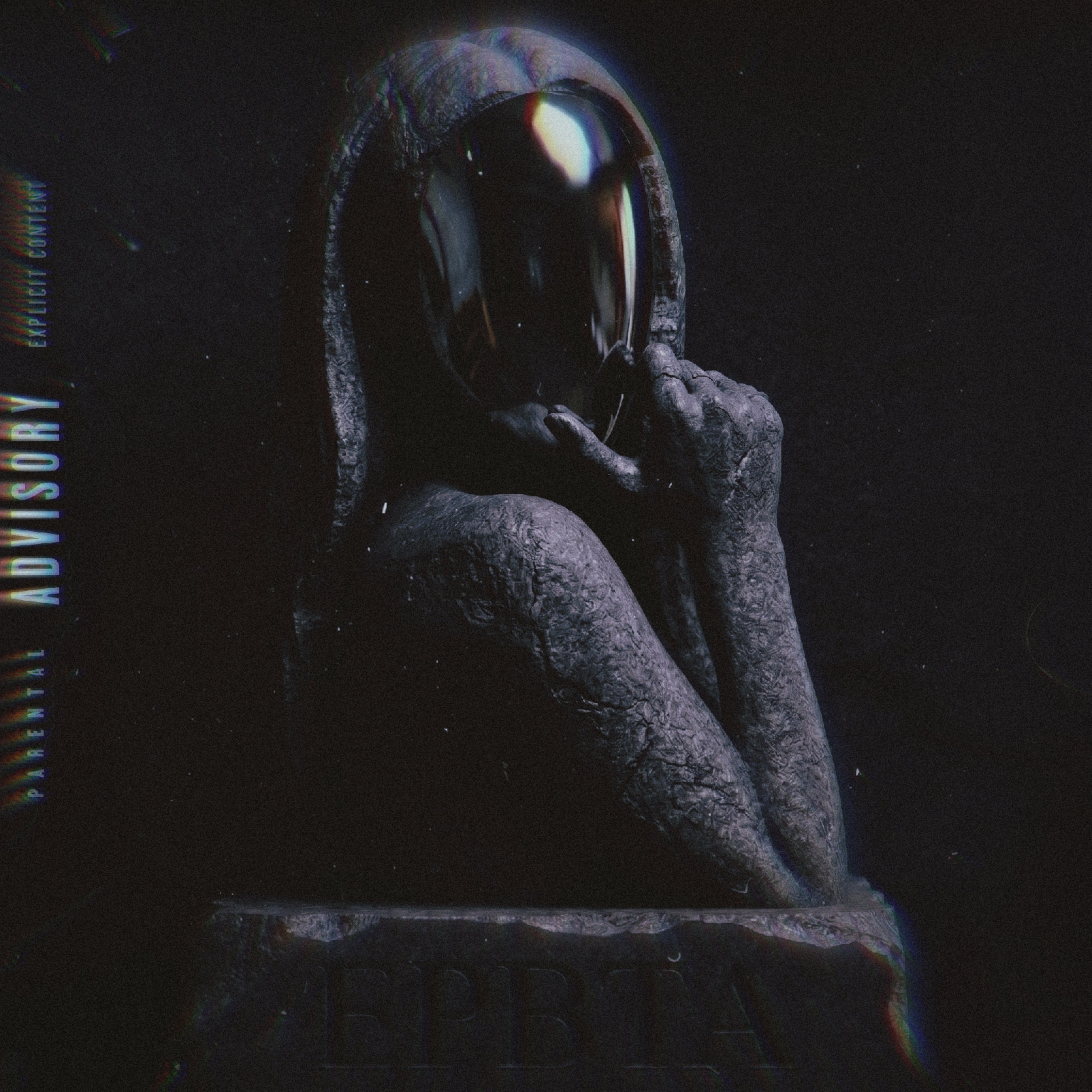 Album cover for "Riru Kīya - epbta (EP)", featuring a gritty, textured stone statue bust of a hooded figure holding a hand to their chin. The figure's face is a glossy, reflective black helmet visor mirroring light. A faint stone inscription of "EPBTA" is visible at the base. Includes a vertical Parental Advisory Explicit Content label on the left. High-resolution digital artwork with bonus image.
