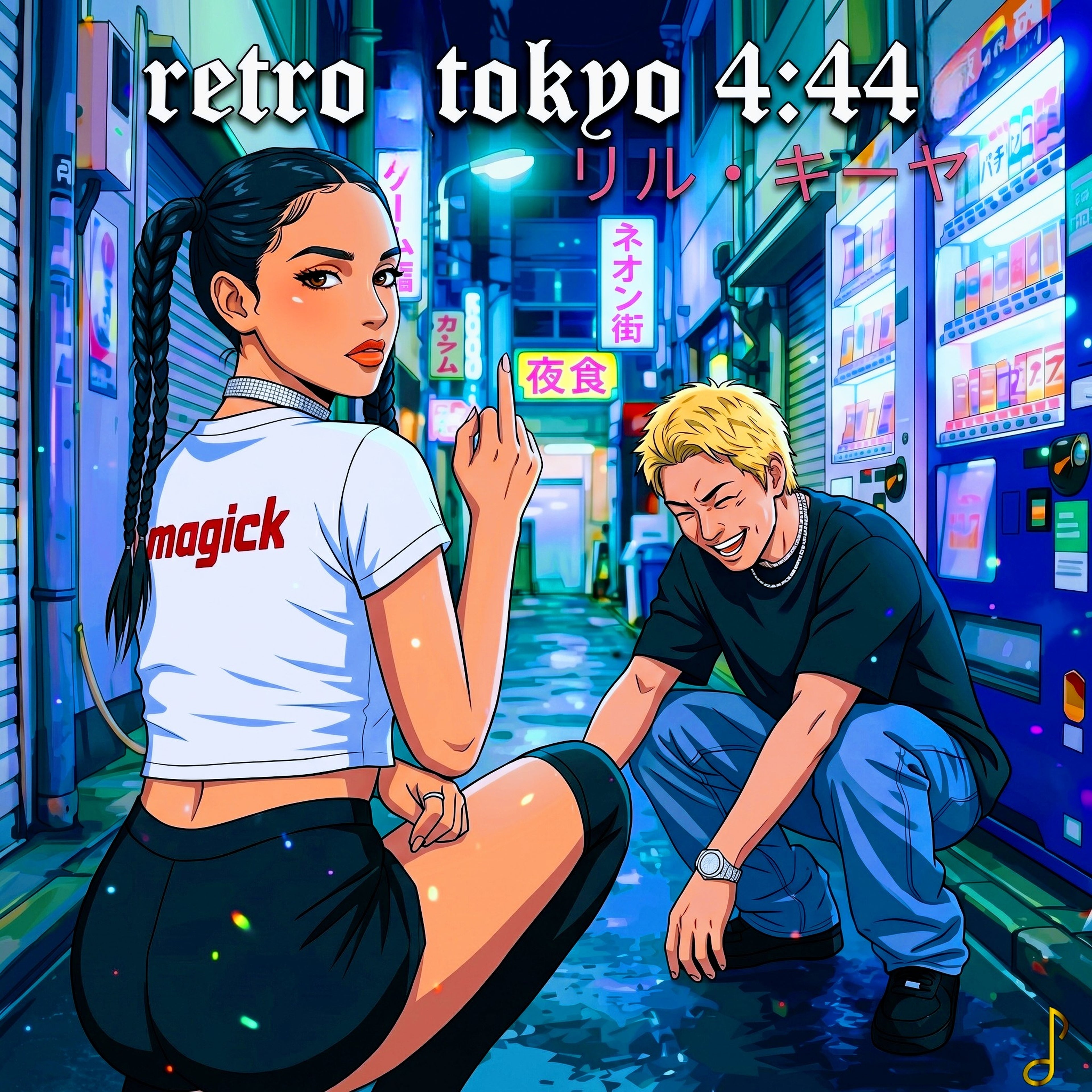 Anime-style single cover art for "Riru Kīya - retro tokyo 4:44". Features a young woman with braided pigtails in a white "magick" crop top and shorts crouching in a neon-lit Tokyo alleyway, looking over her shoulder. Next to her, a laughing young man with bleached blonde hair crouches by a blue vending machine. Gothic font at the top reads "retro tokyo 4:44" with Japanese katakana text below it. Vibrant cyber-punk blue and pink aesthetic. Includes high-resolution digital download and bonus image.
